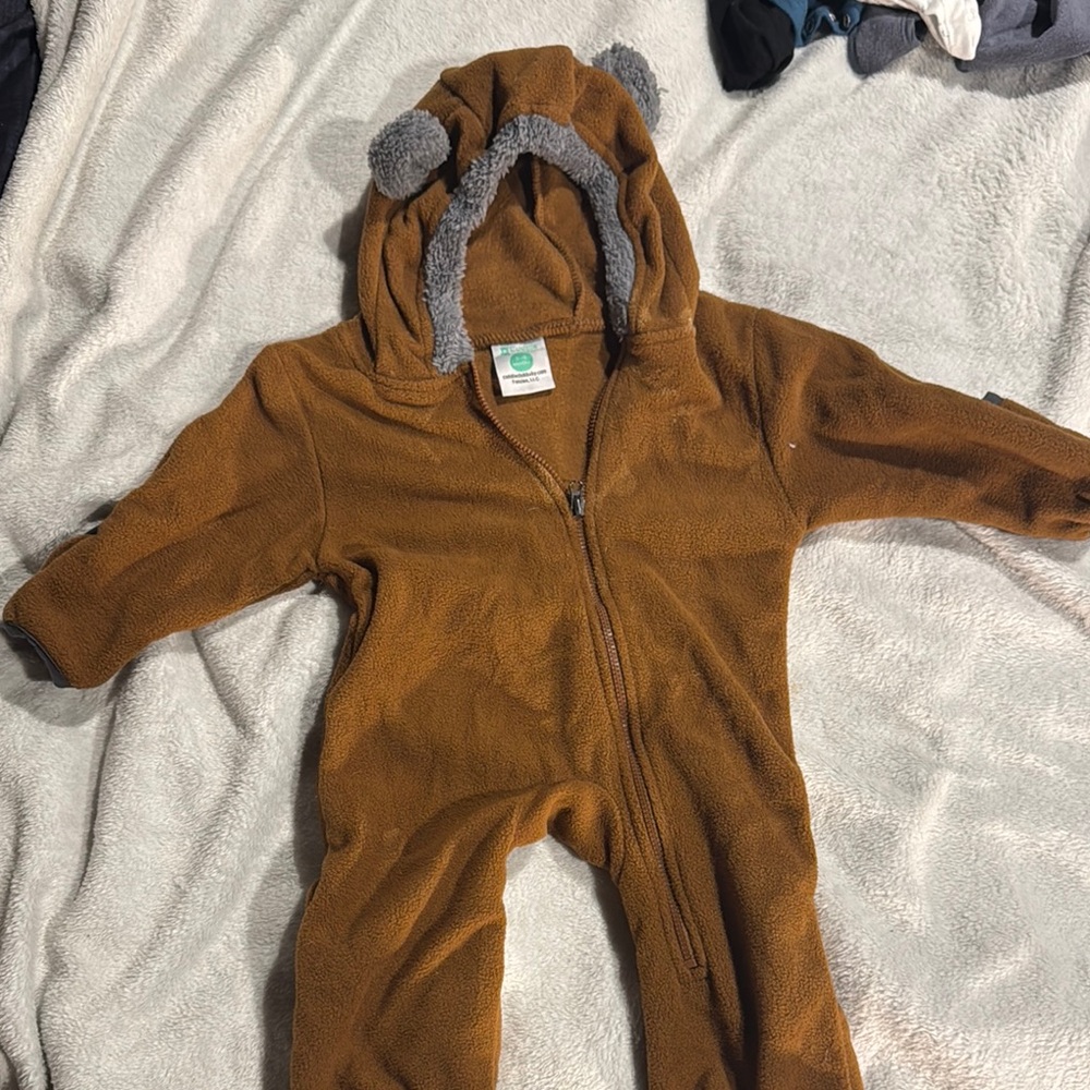 Adorable Brown Fleece Kids Footie with Ears